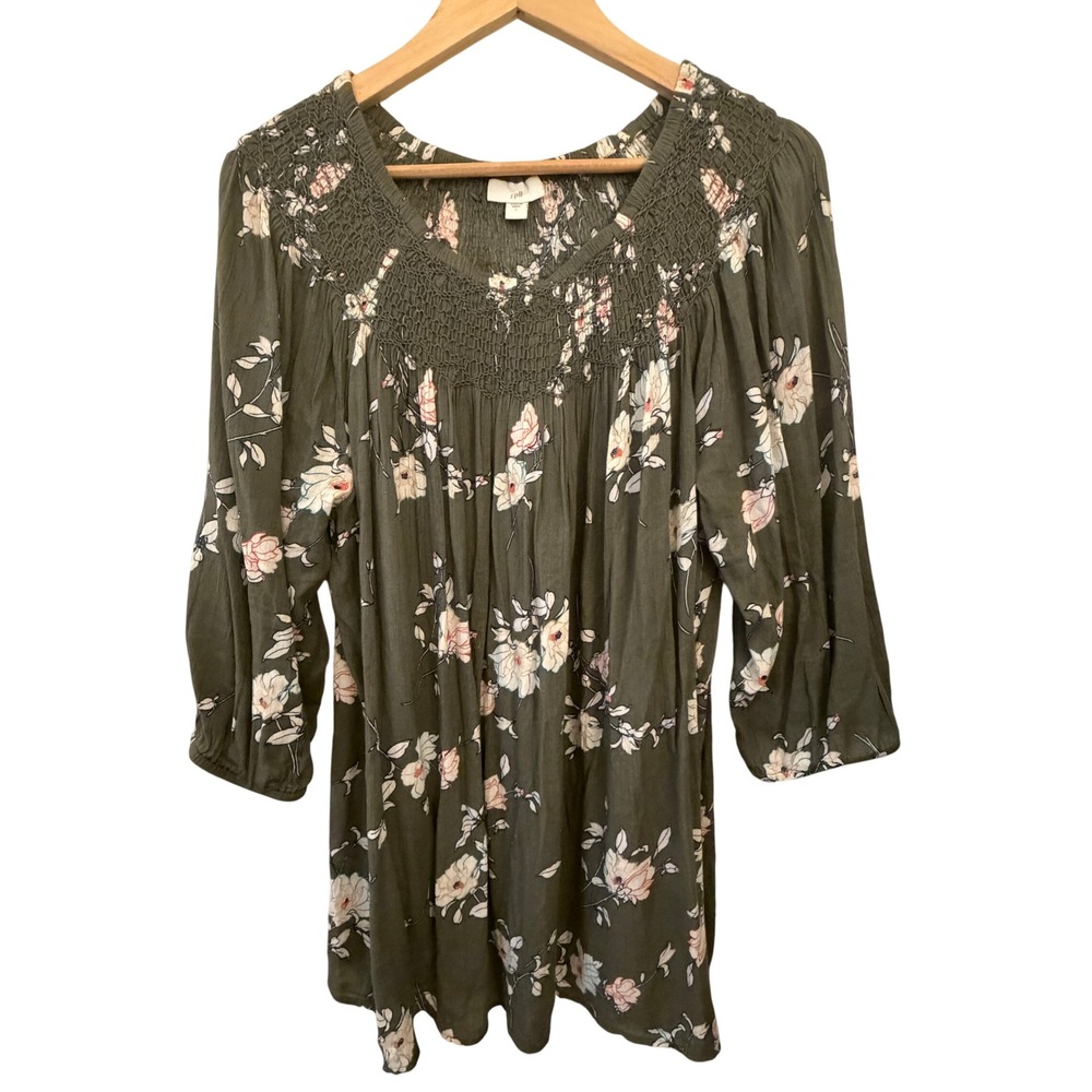 J. Jill Floral Tunic Top Womens Large Olive Green Excellent Smocked Crochet Boho
